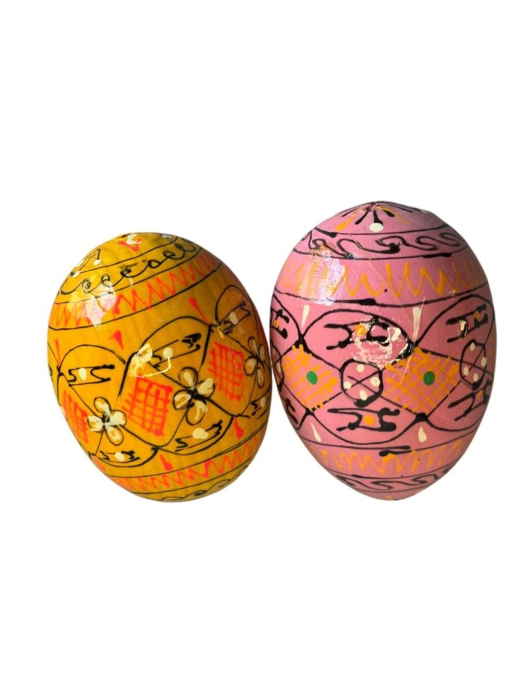Hand Painted Blown Eggshell Easter Eggs Folk Art Pink Yellow 2.5" Set Of 2 - Picture 3 of 5